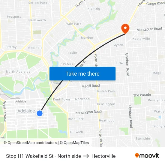 Stop H1 Wakefield St - North side to Hectorville map