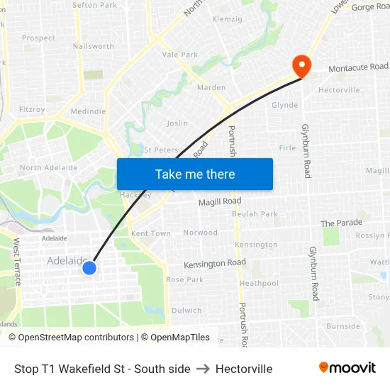 Stop T1 Wakefield St - South side to Hectorville map