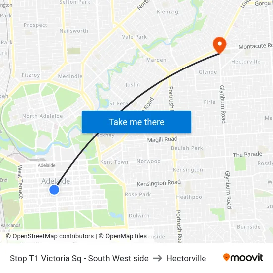 Stop T1 Victoria Sq - South West side to Hectorville map