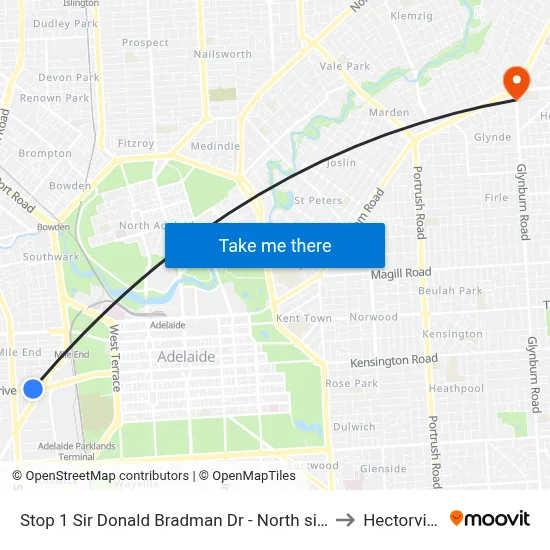 Stop 1 Sir Donald Bradman Dr - North side to Hectorville map