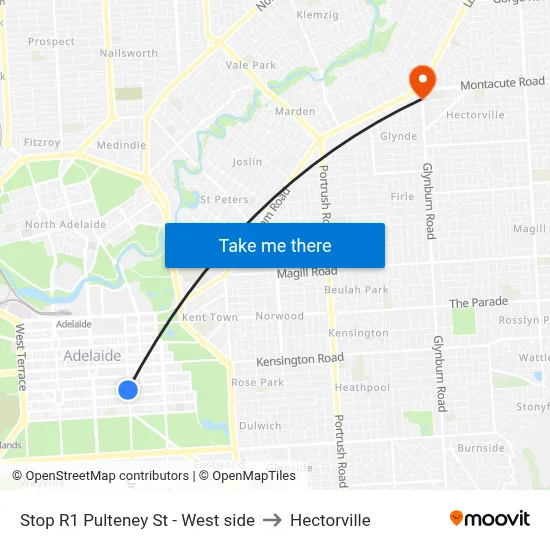 Stop R1 Pulteney St - West side to Hectorville map