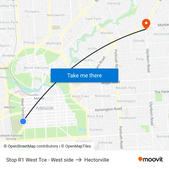 Stop R1 West Tce - West side to Hectorville map