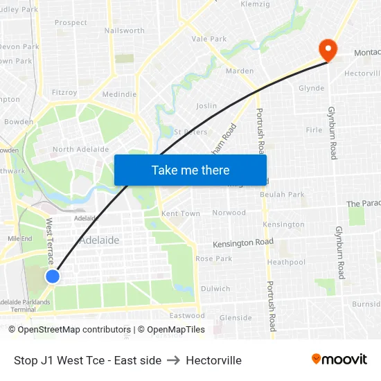 Stop J1 West Tce - East side to Hectorville map