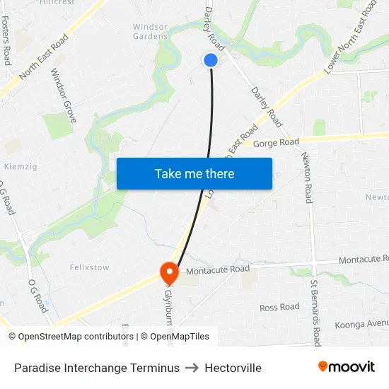 Paradise Interchange Terminus to Hectorville map