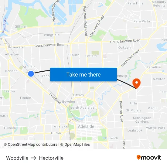 Woodville to Hectorville map