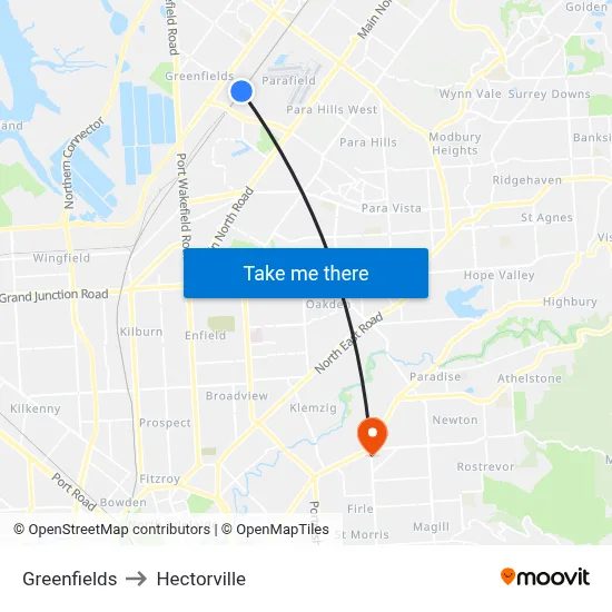 Greenfields to Hectorville map