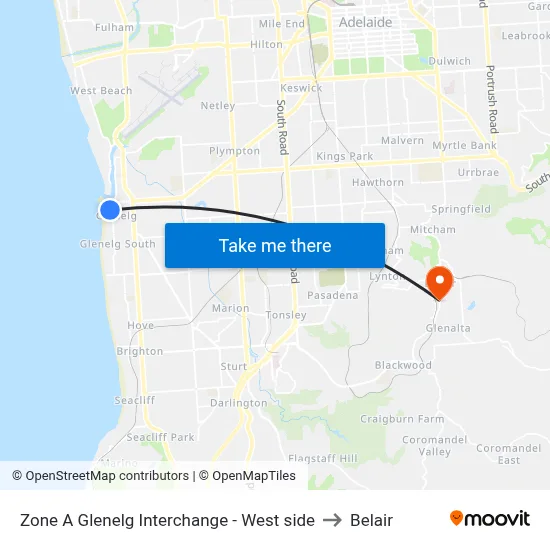Zone A Glenelg Interchange - West side to Belair map