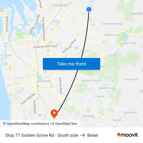 Stop 77 Golden Grove Rd - South side to Belair map