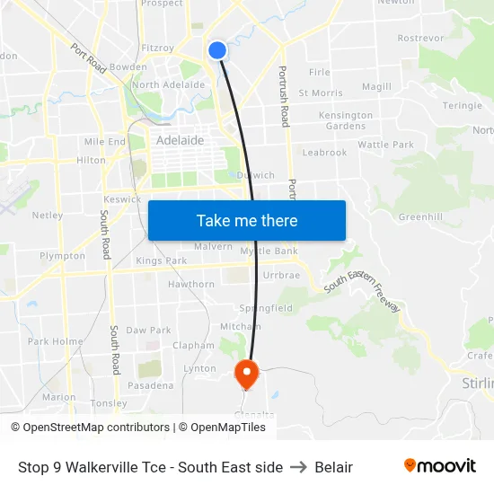 Stop 9 Walkerville Tce - South East side to Belair map