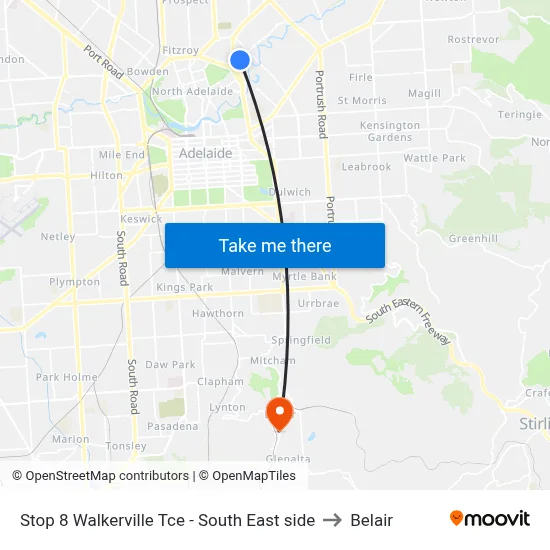 Stop 8 Walkerville Tce - South East side to Belair map