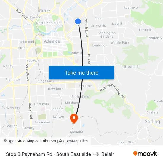 Stop 8 Payneham Rd - South East side to Belair map