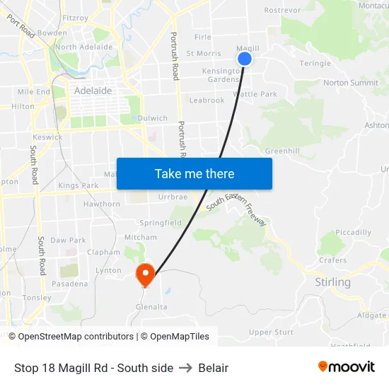 Stop 18 Magill Rd - South side to Belair map