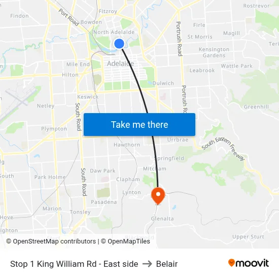 Stop 1 King William Rd - East side to Belair map