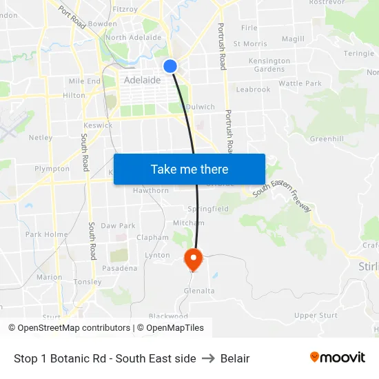 Stop 1 Botanic Rd - South East side to Belair map