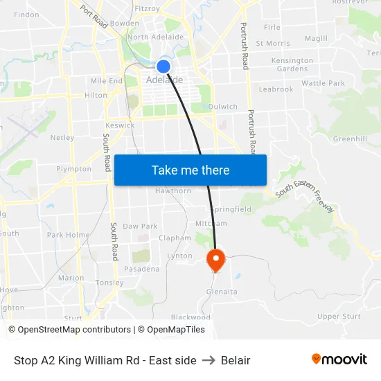 Stop A2 King William Rd - East side to Belair map