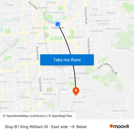 Stop B1 King William St - East side to Belair map