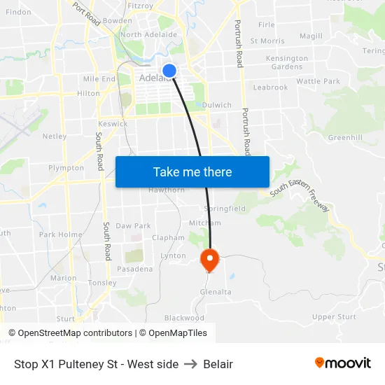Stop X1 Pulteney St - West side to Belair map
