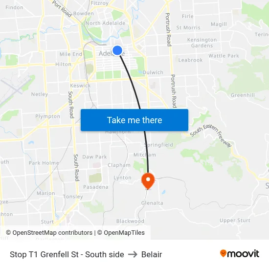 Stop T1 Grenfell St - South side to Belair map