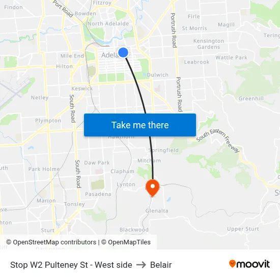 Stop W2 Pulteney St - West side to Belair map