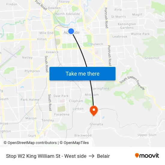 Stop W2 King William St - West side to Belair map