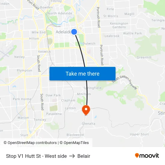 Stop V1 Hutt St - West side to Belair map