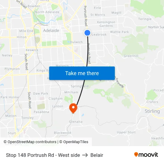 Stop 148 Portrush Rd - West side to Belair map