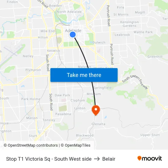 Stop T1 Victoria Sq - South West side to Belair map