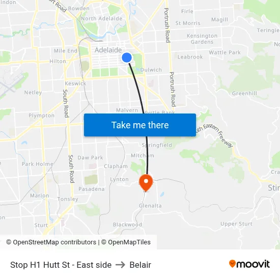 Stop H1 Hutt St - East side to Belair map
