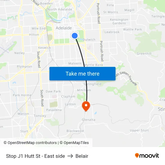 Stop J1 Hutt St - East side to Belair map