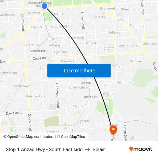 Stop 1 Anzac Hwy - South East side to Belair map