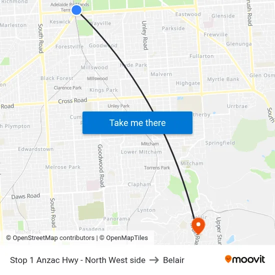 Stop 1 Anzac Hwy - North West side to Belair map
