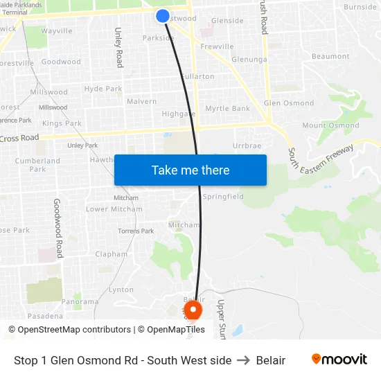 Stop 1 Glen Osmond Rd - South West side to Belair map
