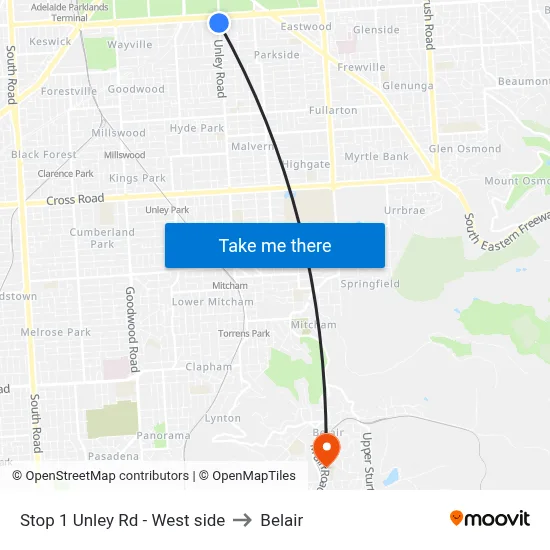 Stop 1 Unley Rd - West side to Belair map