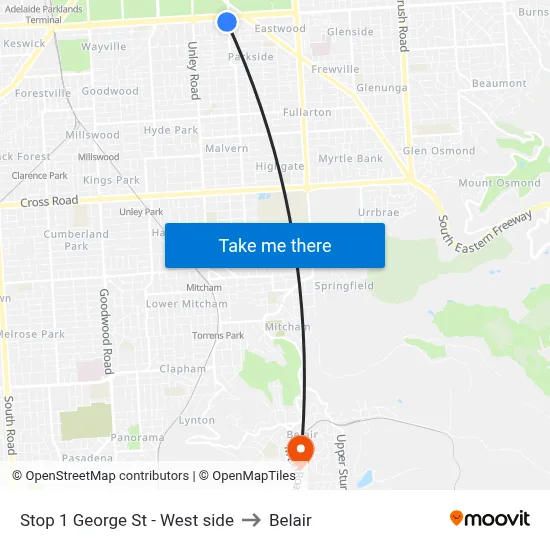 Stop 1 George St - West side to Belair map