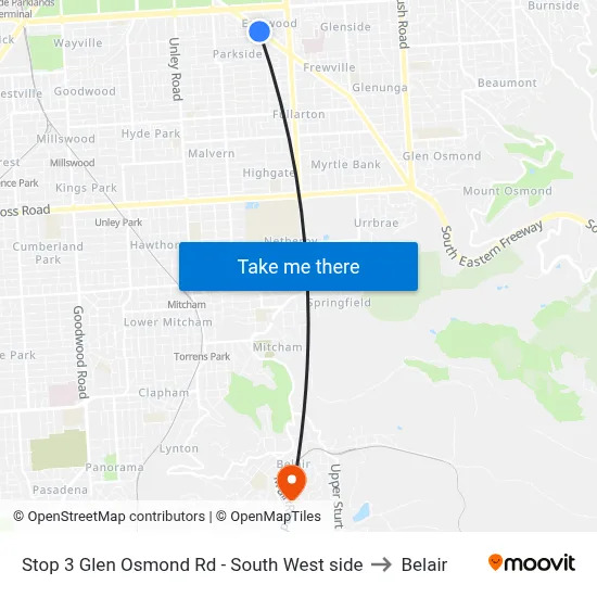 Stop 3 Glen Osmond Rd - South West side to Belair map
