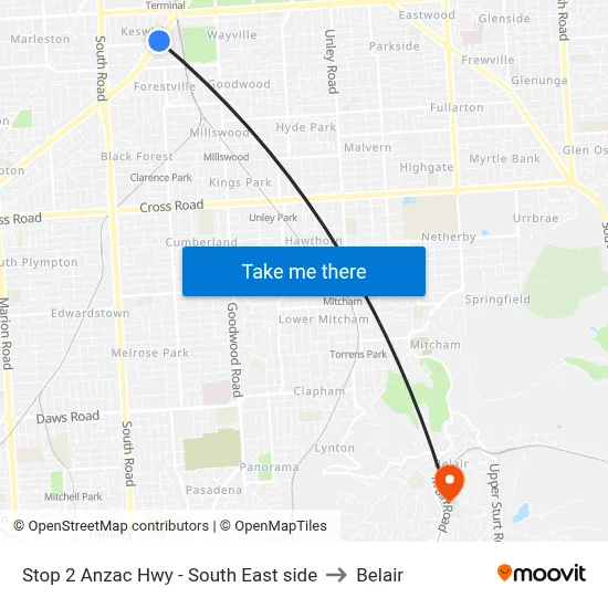 Stop 2 Anzac Hwy - South East side to Belair map