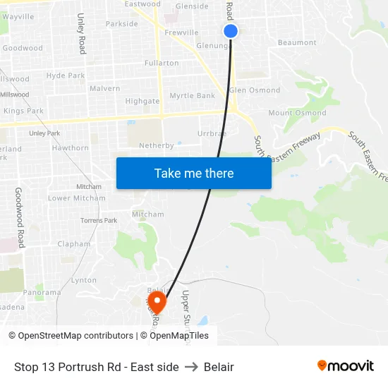 Stop 13 Portrush Rd - East side to Belair map