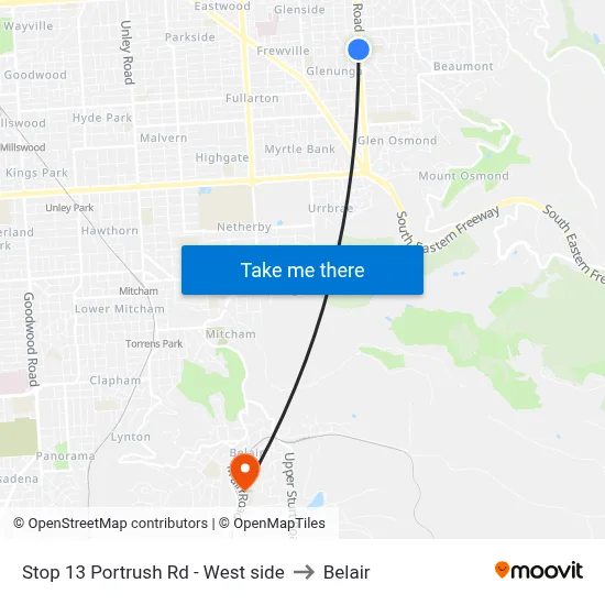 Stop 13 Portrush Rd - West side to Belair map