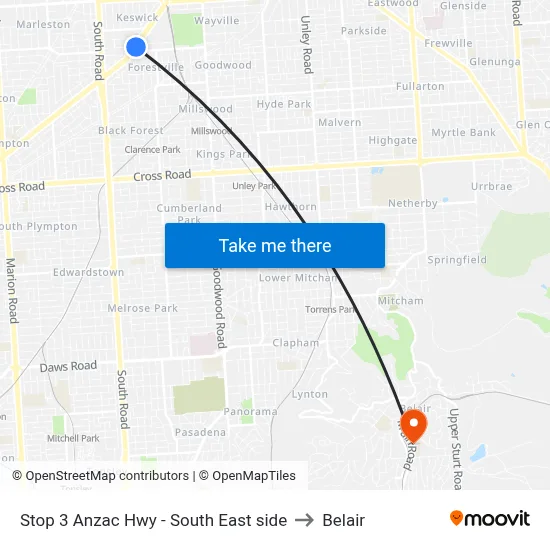 Stop 3 Anzac Hwy - South East side to Belair map