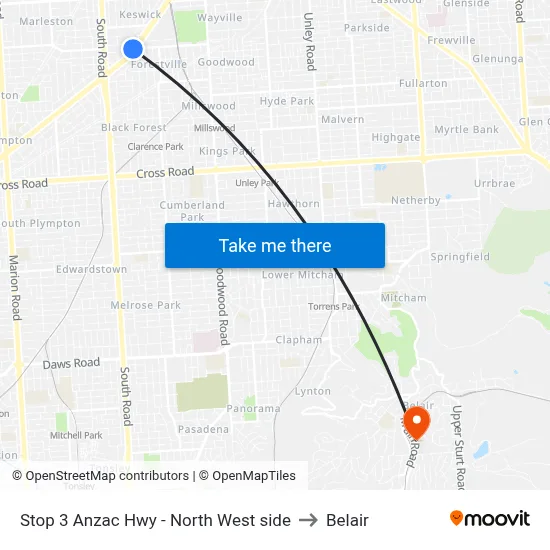Stop 3 Anzac Hwy - North West side to Belair map