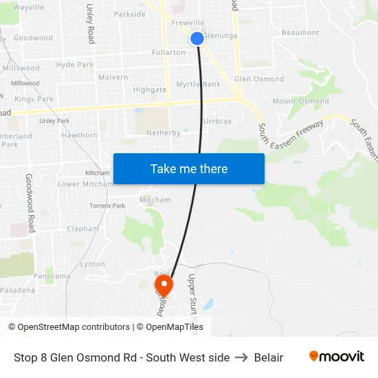 Stop 8 Glen Osmond Rd - South West side to Belair map