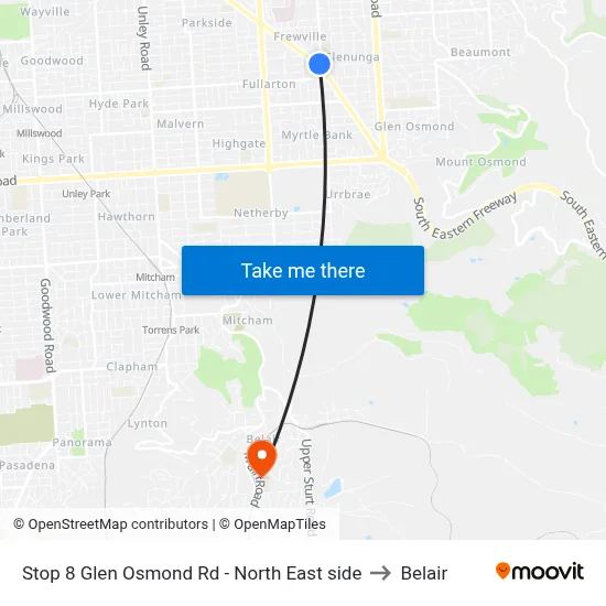 Stop 8 Glen Osmond Rd - North East side to Belair map