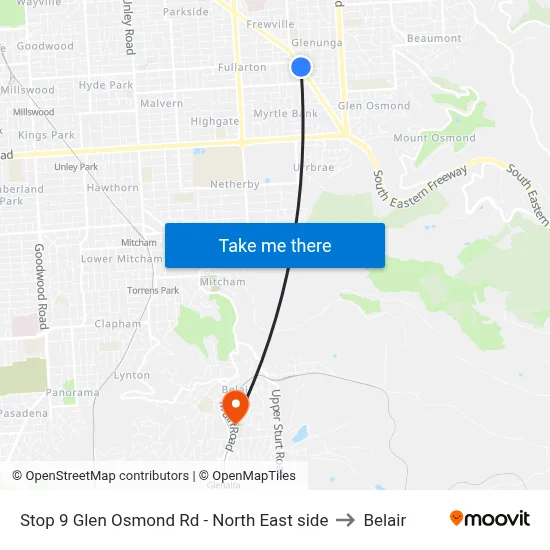 Stop 9 Glen Osmond Rd - North East side to Belair map