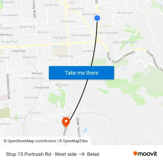 Stop 15 Portrush Rd - West side to Belair map