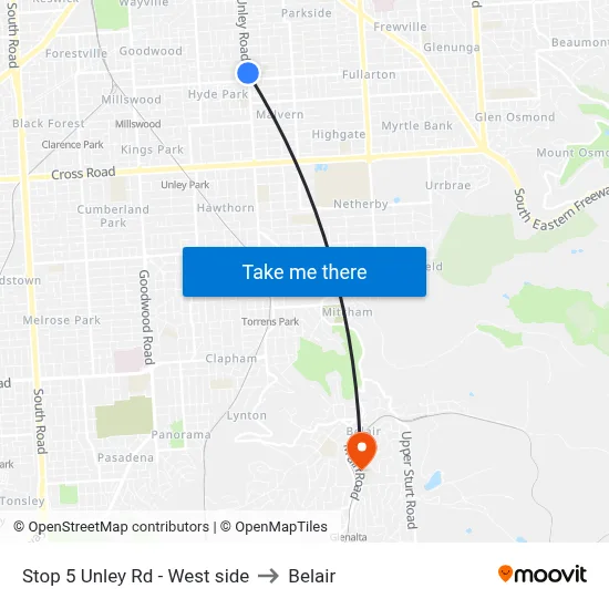 Stop 5 Unley Rd - West side to Belair map