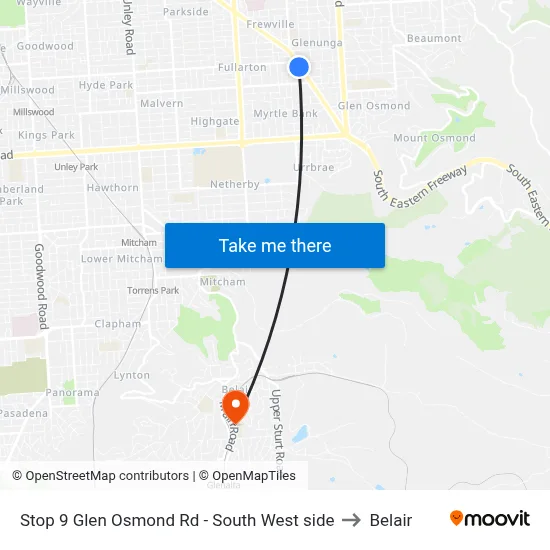 Stop 9 Glen Osmond Rd - South West side to Belair map