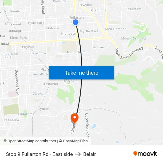Stop 9 Fullarton Rd - East side to Belair map