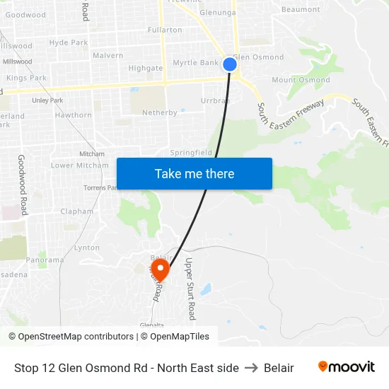 Stop 12 Glen Osmond Rd - North East side to Belair map