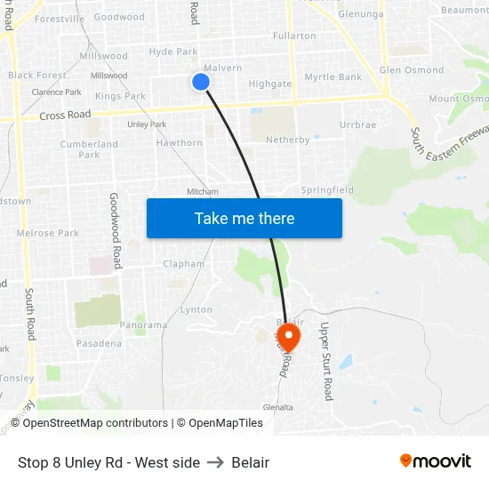 Stop 8 Unley Rd - West side to Belair map
