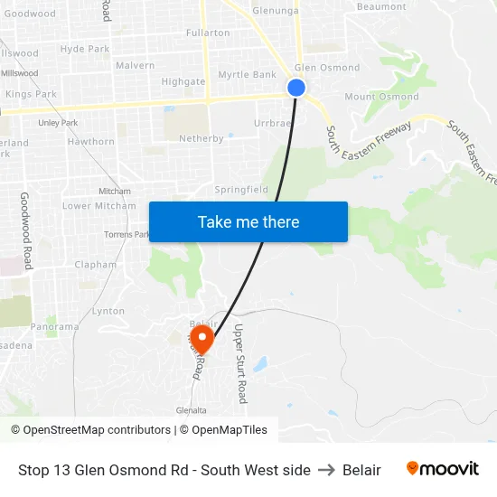Stop 13 Glen Osmond Rd - South West side to Belair map